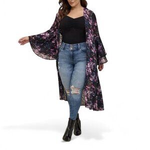 Torrid 2X Chiffon Maxi Kimono Black Floral Sheer Dot Chiffon Duster Fairy NEW